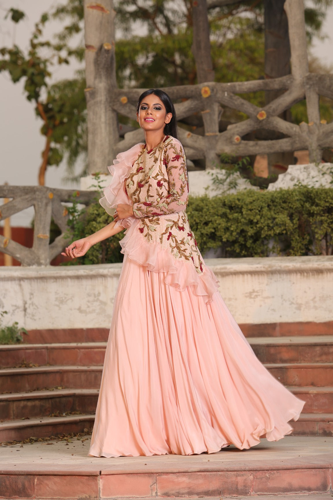 Rose Pink Hand Embroidered Ruffle Gown