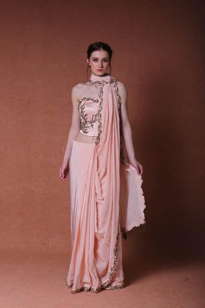 Peach crepe saree with a corset set